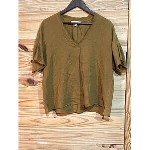 Grade & Gather Gold Mustard Cotton Gauze V-Neck Raw Edge Boho Lagenlook Womens M